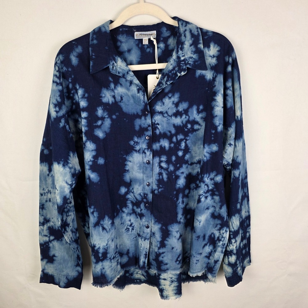 NWT PJSALVAGE Indigo Tie Dye Distressed Button Up Shirt Women L Long Sleeve
